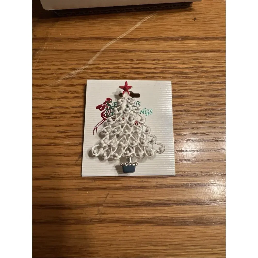 Christmas Tree Brooch Holiday Pin Enamel White tone Crystal Accent
